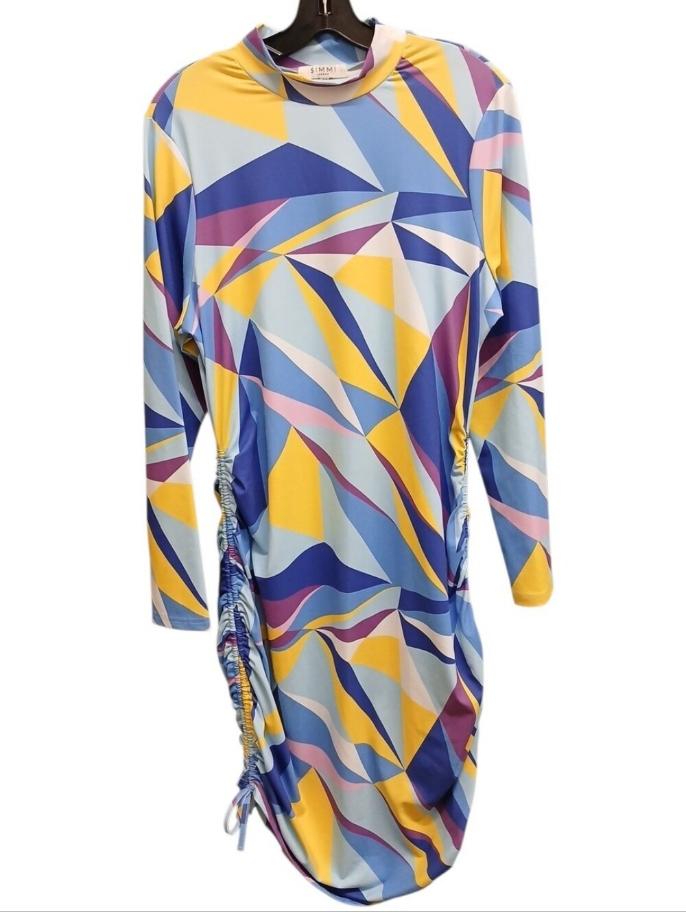 SIMMI London Yellow & Blue Geometric Long-Sleeve Ruched Midi Dress Size 16